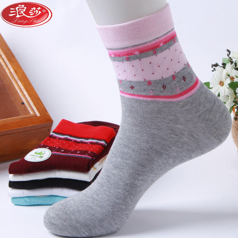 【浪莎(LangSha)系列】浪莎女袜 纯棉印花 花罗口彩纱女袜 春秋季薄款中筒女士均码棉袜 6双装 100%棉休闲袜3056 均码图片,高清实拍图-苏宁易购